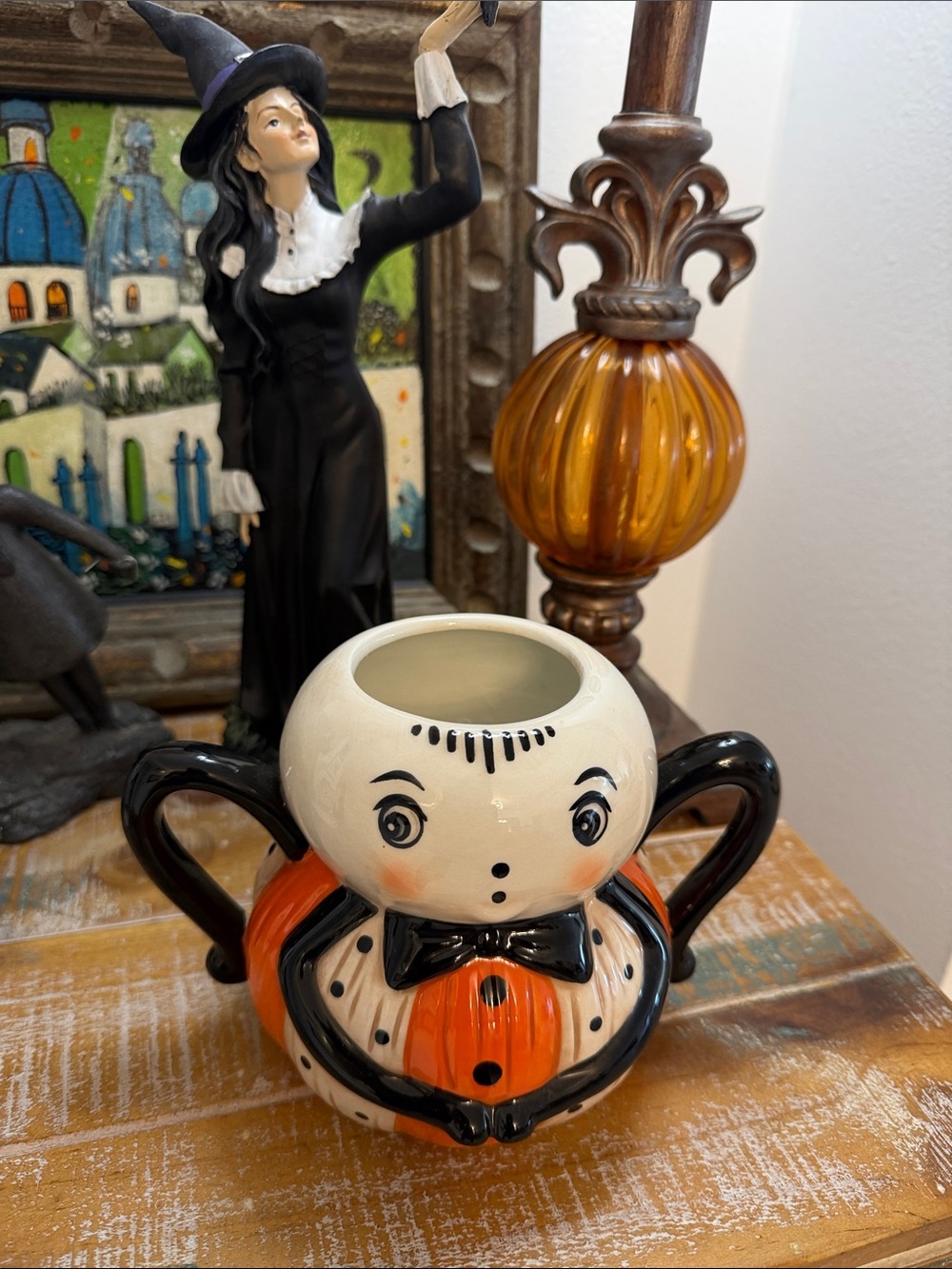 Johanna Parker Hallowee Black, White & Orange Pumpkin Peeps Spider Ceramic Mug